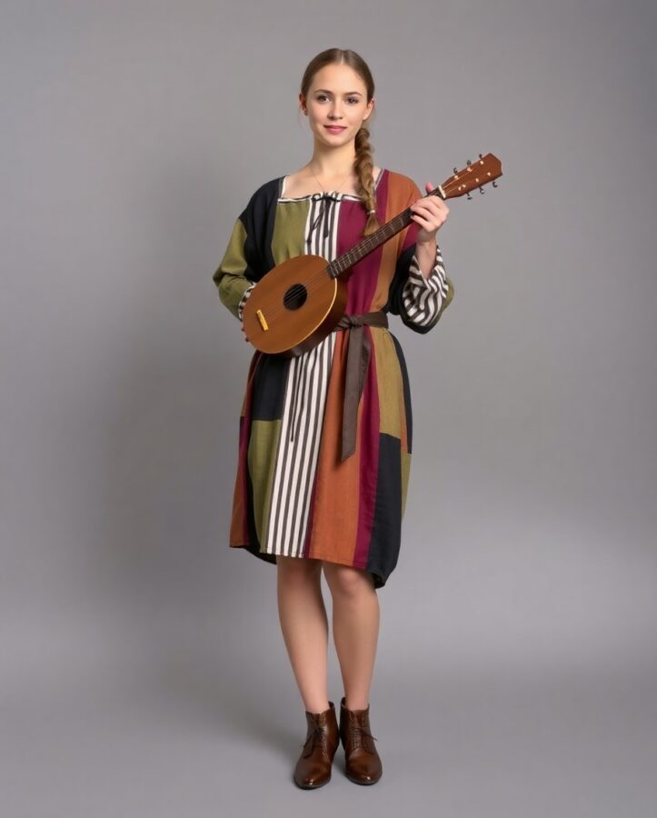 A vibrant and musical outfit befitting a Tudor minstrel, reflecting the lively and entertaining spirit of the period.