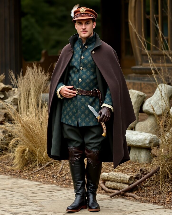 A rugged and sophisticated hunting outfit befitting a Tudor nobleman, reflecting the active lifestyle and sporting pursuits of the aristocracy.