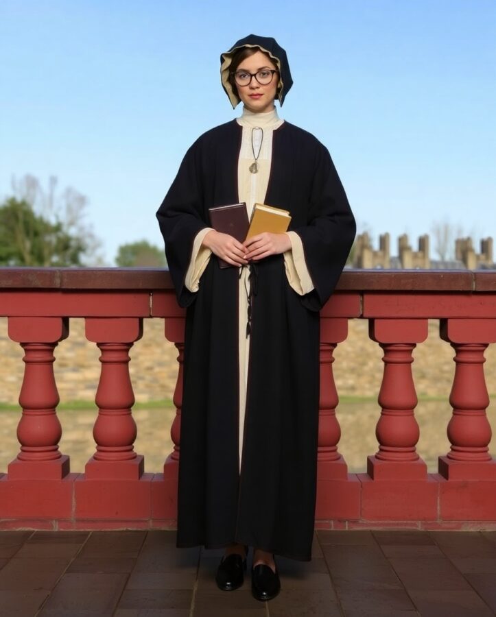 A scholarly and intellectual outfit befitting a Tudor scholar, reflecting the pursuit of knowledge and the flourishing of learning during the Renaissance.