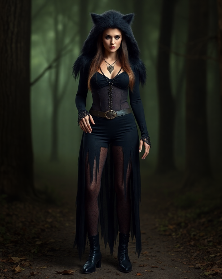 A lady dressed as a werewolf, her transformation hinting at a dark and dangerous secret.