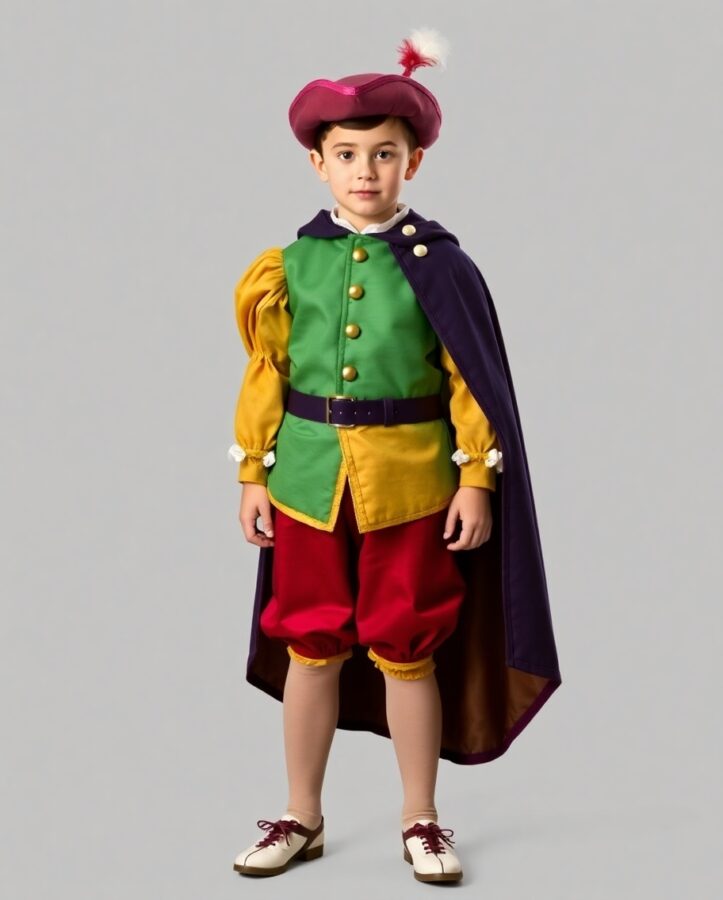 A young boy dressed in  vibrant and musical outfit befitting a Tudor minstrel, reflecting the lively and entertaining spirit of the period.