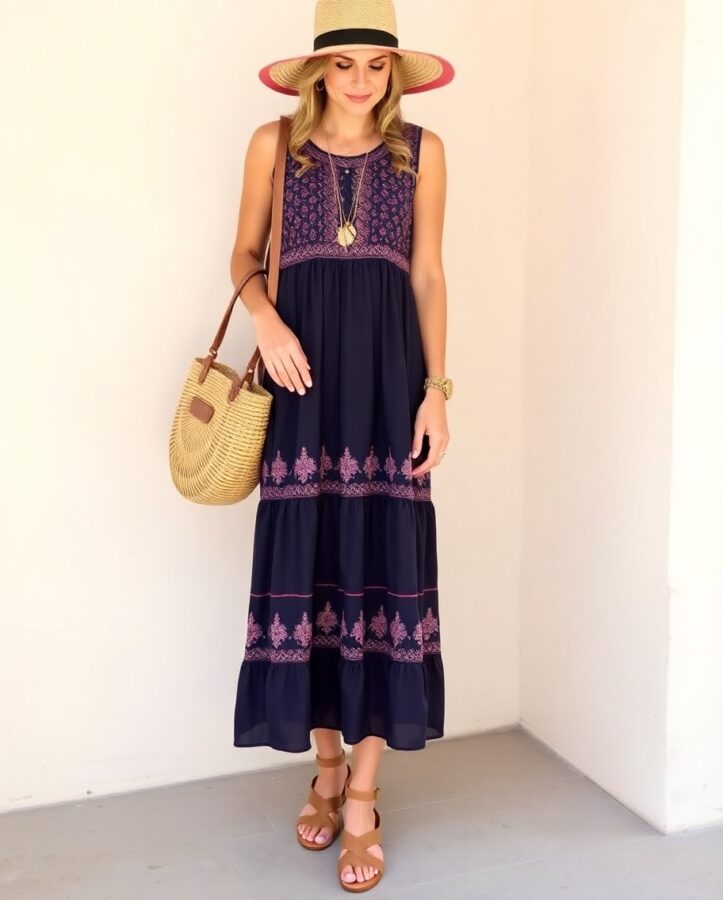 A lady dressed in a captivating boho-inspired midi dress with tiered layers and intricate embroidery, creating a romantic and feminine look