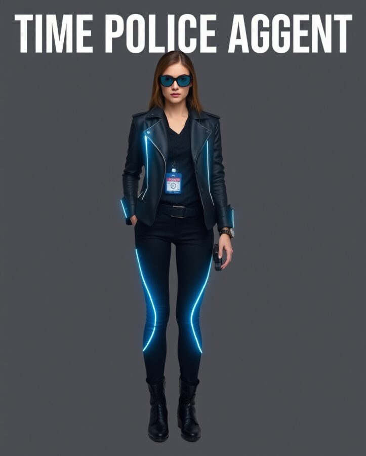 A lady wearing a sleek, futuristic uniform with a variety of gadgets and time-traveling devices, ready to enforce the laws of time.