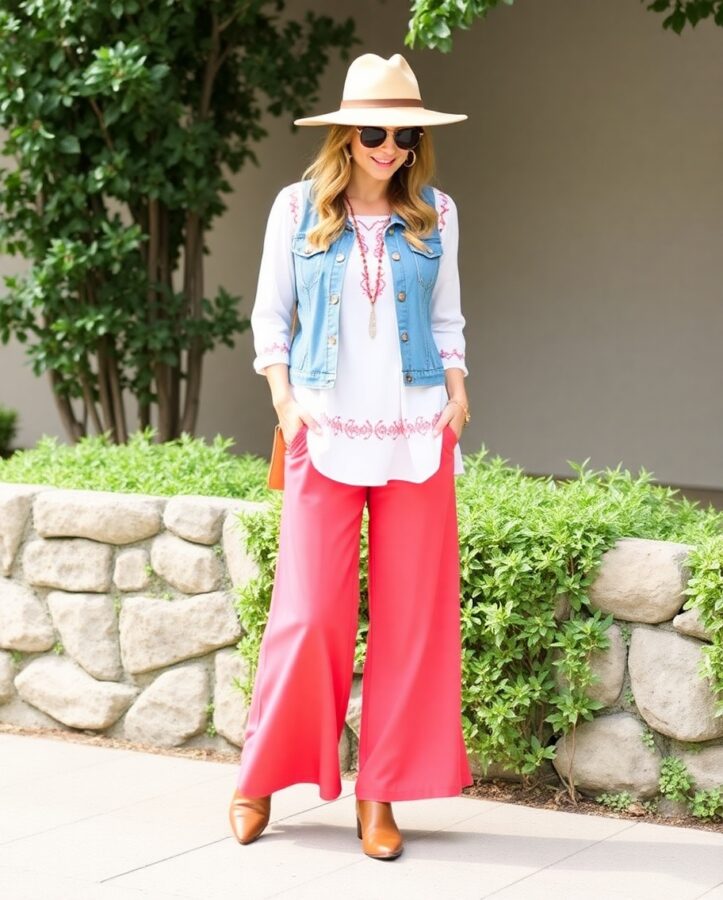 A lady in a relaxed and effortless boho-inspired outfit featuring a flowing tunic top paired with wide-leg pants.