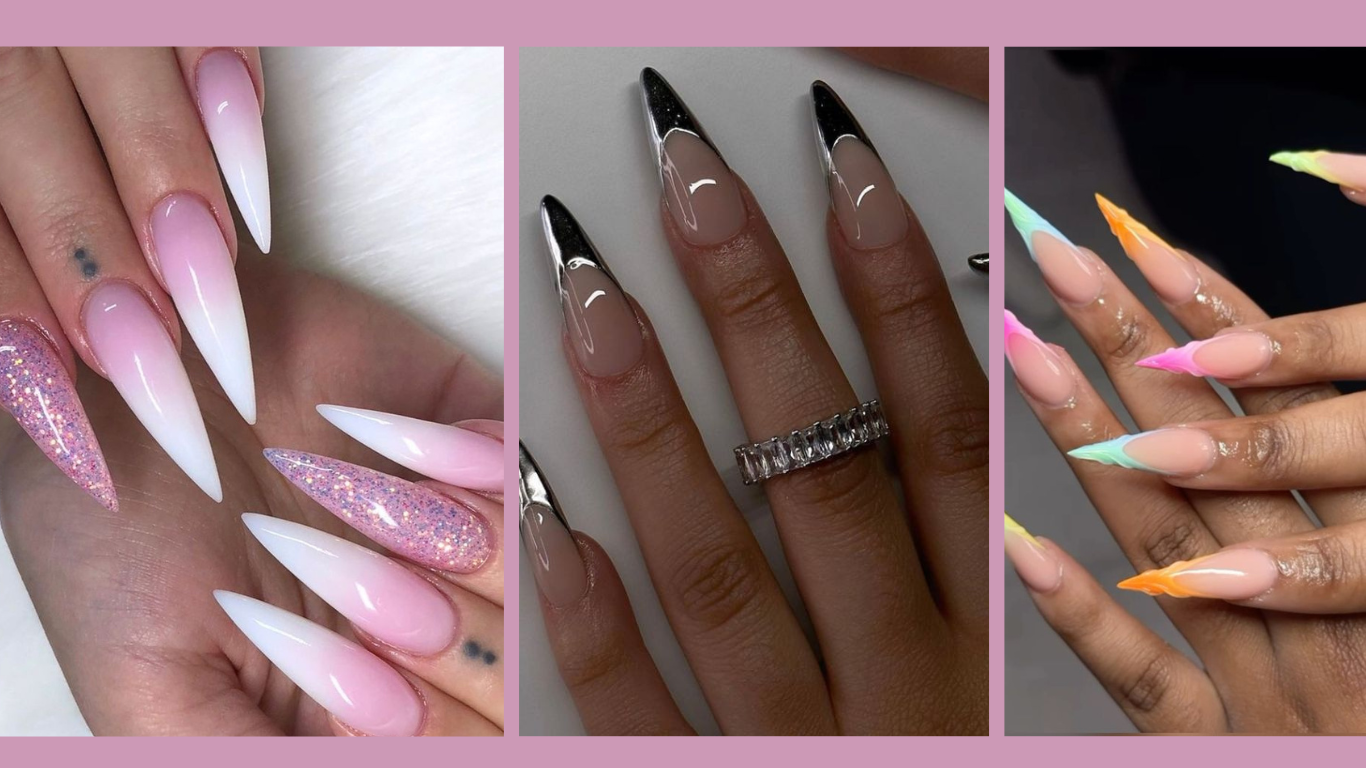 A beautiful blend of classic and contemporary nail art. #FloralNails #StilettoNails #FrenchTips #NailArt #SpringNails #ElegantNails #FlowerNails