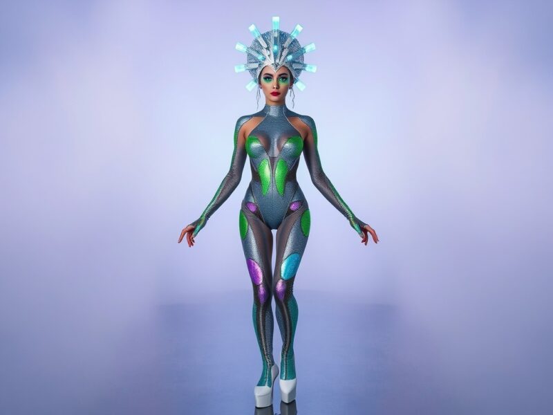 A lady dressed in a unique and captivating look that blends futuristic glamour with a touch of Y2K eccentricity.