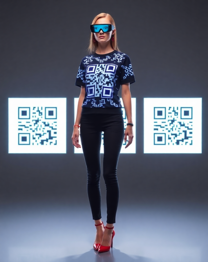 A lady dressed in groundbreaking augmented reality couture, pushing the boundaries of fashion and technology, reminiscent of the innovative spirit of the Y2K era.