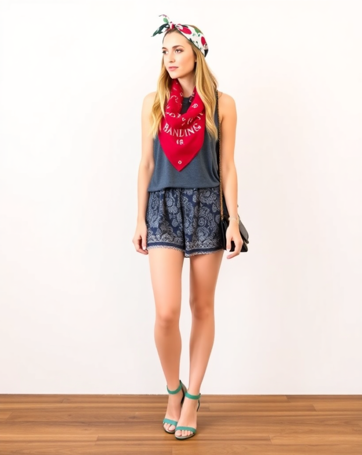 A lady shows off the many ways to wear a bandana, turning this simple accessory into a 90s dress-to-impress statement. #90sFashion #Bandana #DressToImpress #VersatileAccessory #StyleStatement