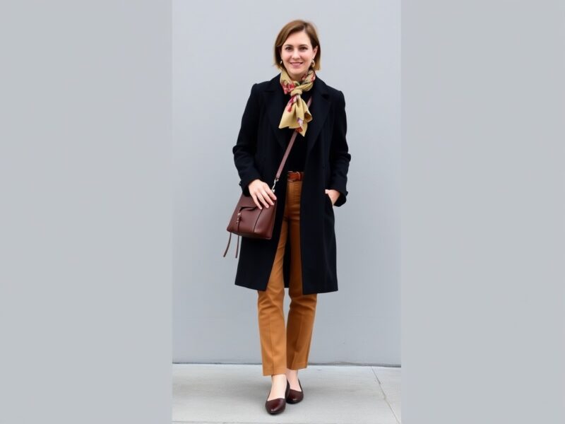 A lady dressed in a timeless Old Money outfit featuring a classic black coat, a refined turtleneck, and perfectly tailored tan trousers, exuding understated elegance.