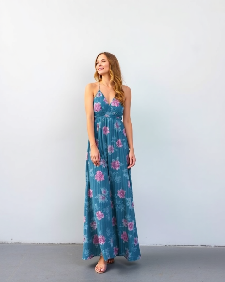 A relaxed and stylish woman embodies bohemian vibes in a beautiful maxi dress and sandals, offering inspiration for easy and stylish everyday looks. #bohochic #maxidresslove #summerstyle #outfitinspo #dailyfashion