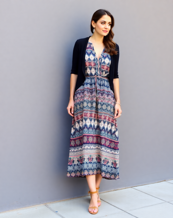 Relaxed and stylish: A woman radiates boho elegance in a flowing midi dress and sandals, a great example of a stylish everyday look for warm weather. #bohovibes #mididressstyle #summerstyle #casualchic #everydaystyle