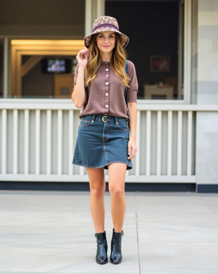 A lady dressed a perfect outfit, adding bucket hat boldness: 90s style, dress-to-impress. #90sFashion #BucketHat #DressToImpress #BoldStyle