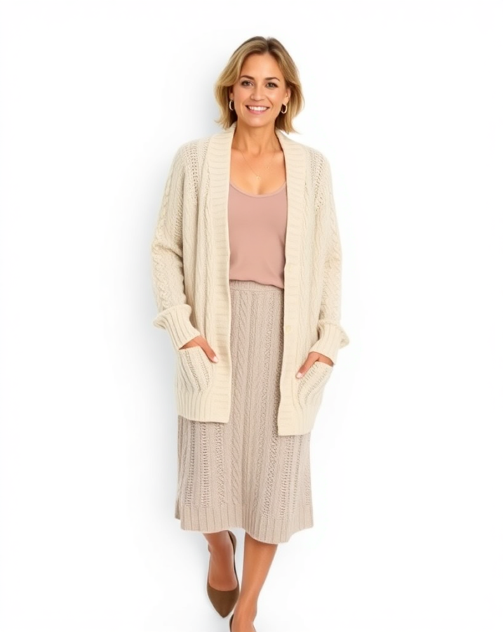 A lady dressed in a timeless and elegant Old Money outfit featuring a luxurious cable-knit cardigan and a matching skirt, exuding understated sophistication.