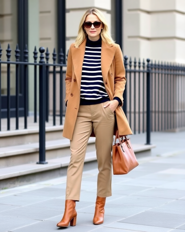 A lady dressed in a timeless Old Money outfit featuring a luxurious camel coat layered over a classic striped sweater, exuding understated elegance.