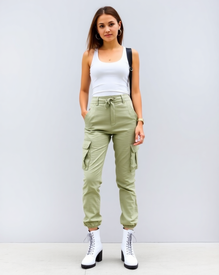 A lady dressed in cargo pants showcases a casual yet chic 90s vibe, demonstrating how to dress to impress with a touch of effortless cool and practicality. #90sFashion #CargoPants #DressToImpress #CasualChic #EffortlessCool