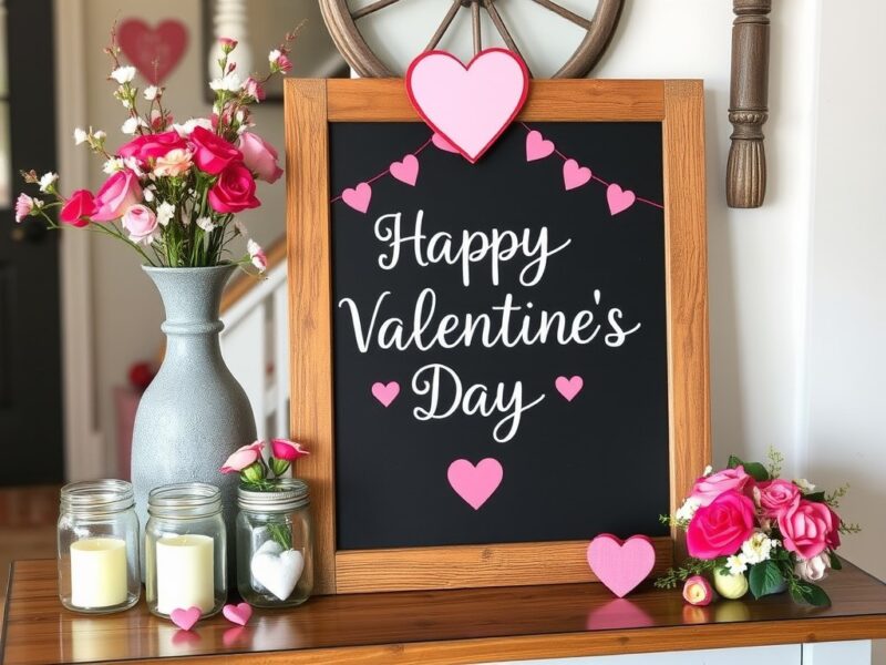 Sweet love messages written on a chalkboard, adding a touch of rustic charm to a farmhouse Valentine's Day celebration.