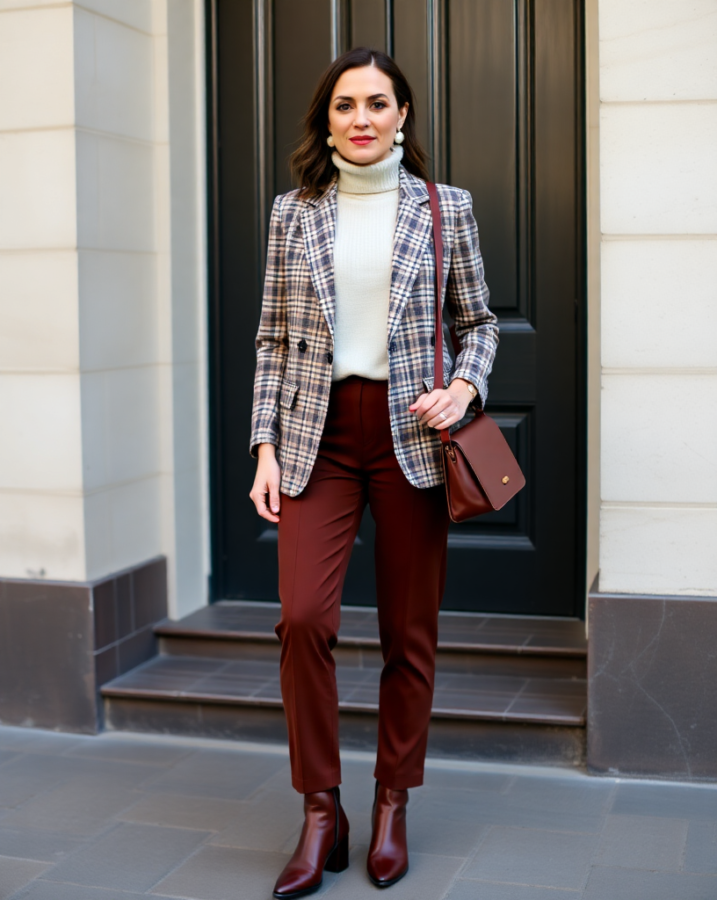 A lady dressed in a sophisticated outfit featuring a classic checked blazer paired with a timeless turtleneck and tailored trousers, embodying the refined elegance of Old Money style.