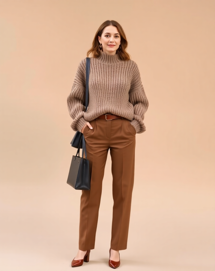 A lady dressed in a cozy yet stylish Old Money outfit featuring a chunky knit sweater paired with classic brown trousers, embodying understated elegance.