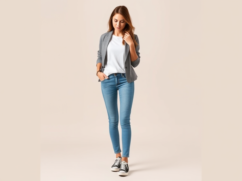 a woman looks stylish and comfortable in a classic white t-shirt and jeans, demonstrating an easy and chic everyday style. #timelessfashion #denimstyle #teeandjeans #casualstyle #everydayoutfit