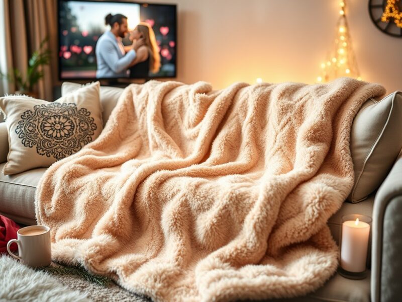 A soft and cozy blanket perfect for snuggling up on the couch together, a thoughtful and romantic gift for Valentine's Day.