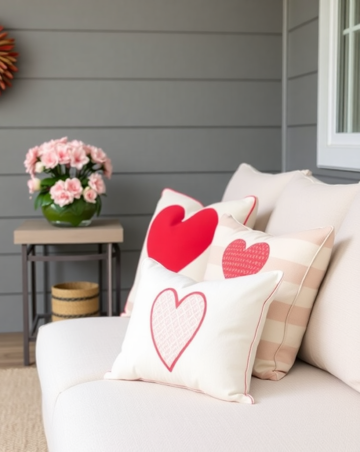 Cozy throw pillows with heart patterns, adding a touch of Valentine's Day charm to a farmhouse living room.