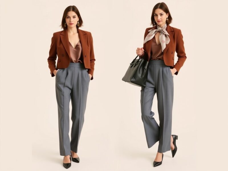 A cropped brown jacket paired with pleated gray trousers