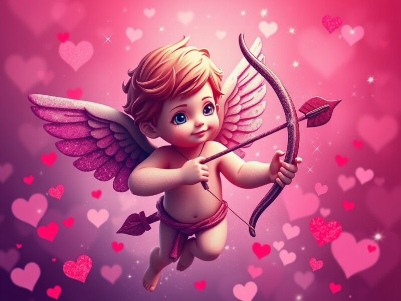 A playful Valentine's Day wallpaper featuring Cupid with his bow and arrow.