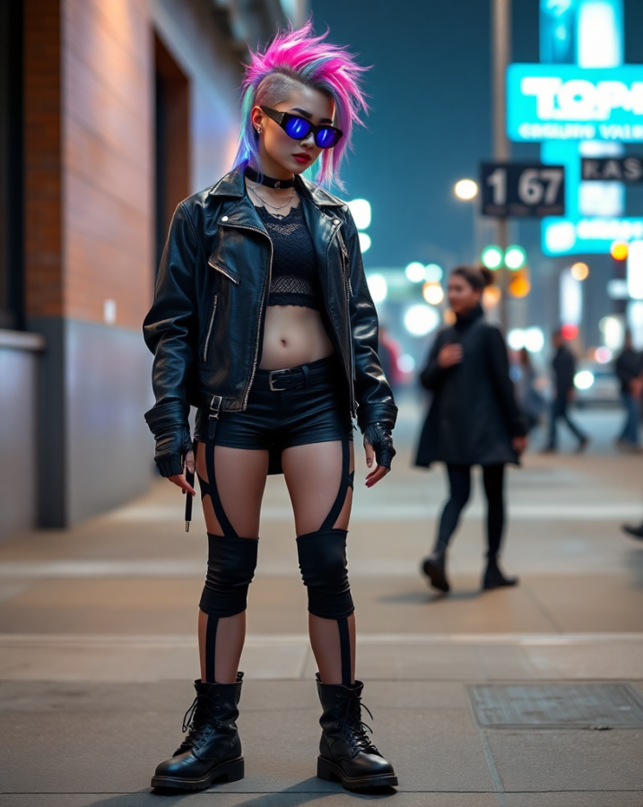 A lady dressed in a bold and unique cyberpunk-inspired ensemble that's sure to make a statement on the streets.


