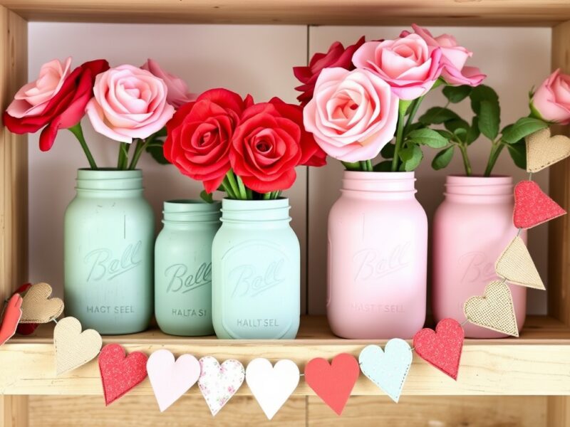 DIY Valentine's Day decorations adding a personal touch to a farmhouse setting.