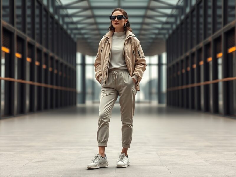 A lady dressed in a relaxed yet refined outfit that embodies the adventurous spirit of the digital nomad lifestyle, with a touch of Y2K flair.