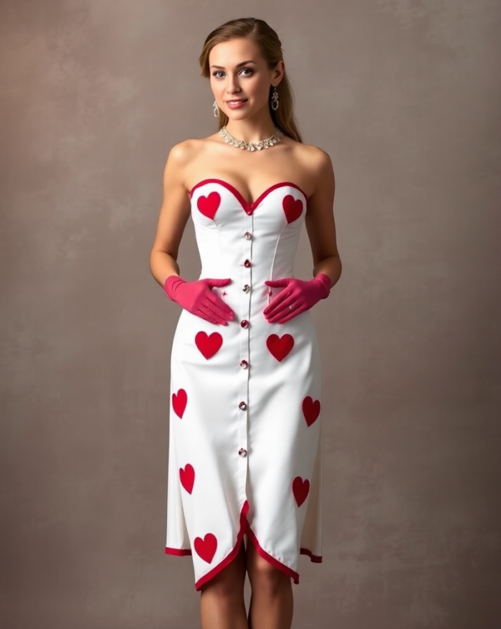 a lady dressed in an elegant heart-trimmed corset dress, a captivating design that has captured second place in a recent fashion competition.