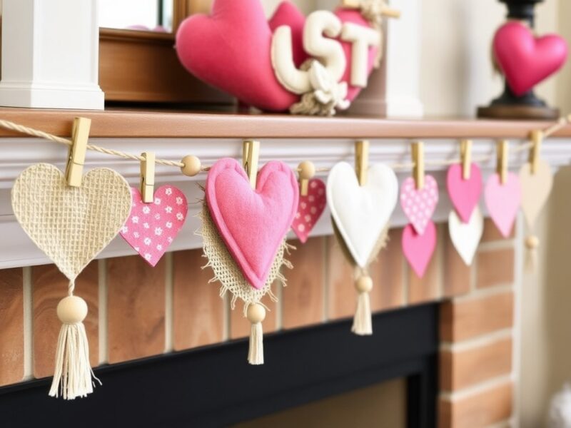 A rustic garland adorned with hearts and flowers, creating a festive Valentine's Day atmosphere in a farmhouse setting.