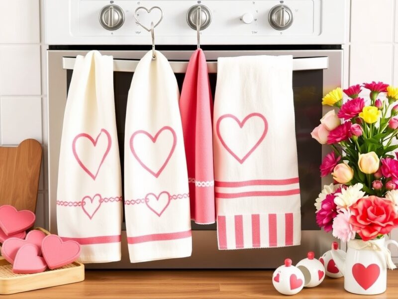 Festive kitchen towels with heart patterns, adding a touch of Valentine's Day cheer to a farmhouse kitchen.