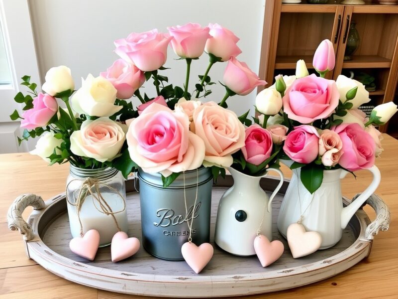 Elegant floral centerpieces with vibrant red roses and delicate greenery, adding a touch of romance to a Valentine's Day farmhouse table.