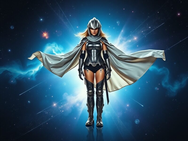 A lady dressed in a powerful and striking galactic gladiator ensemble that's sure to command attention and leave a lasting impression.