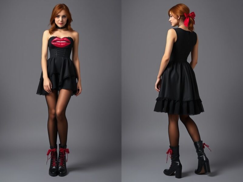 a lady dressed in a dramatic Valentine's Day-inspired Gothic dress, showcasing a captivating interplay of dark and light elements, perfect for a night of intrigue.