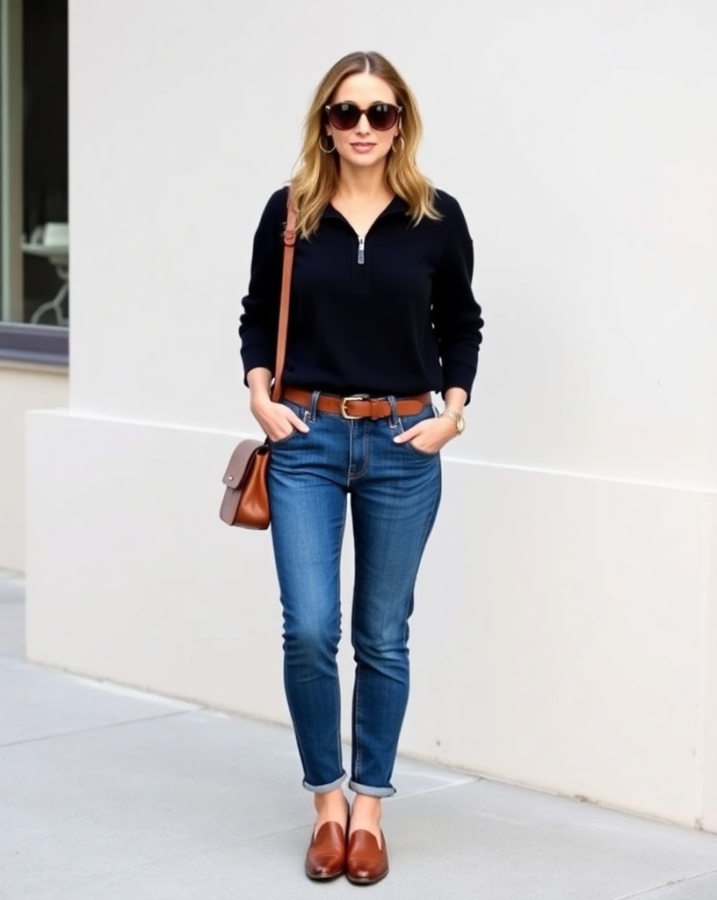 A lady dressed in a cozy half-zip sweater paired with perfectly fitting high-waisted jeans, showcasing a relaxed yet refined Old Money aesthetic.