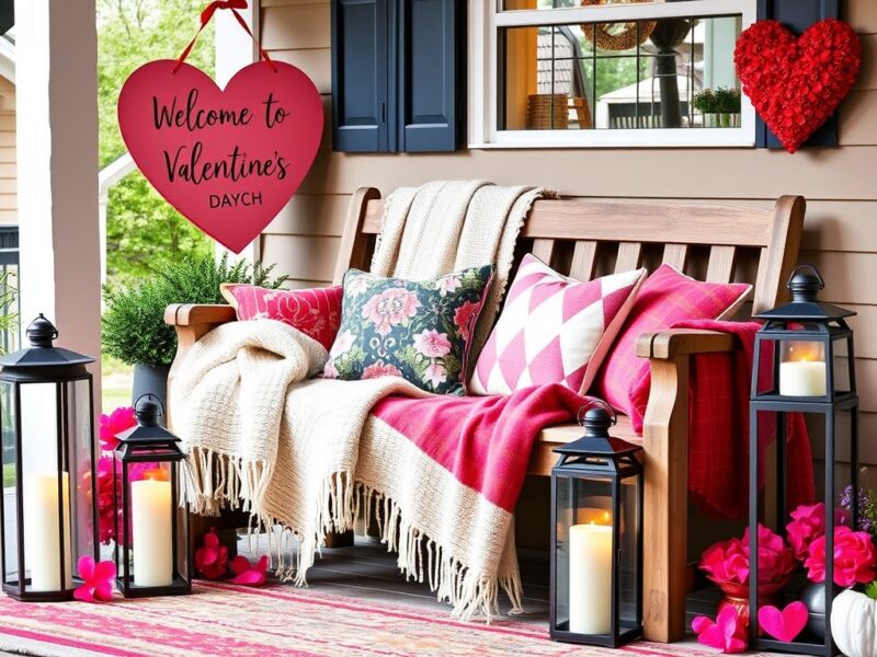 Heart-shaped decorations adorning a farmhouse porch, welcoming guests for a Valentine's Day celebration.