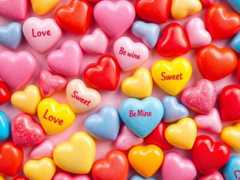 A sweet Valentine's Day wallpaper featuring colorful candy hearts.