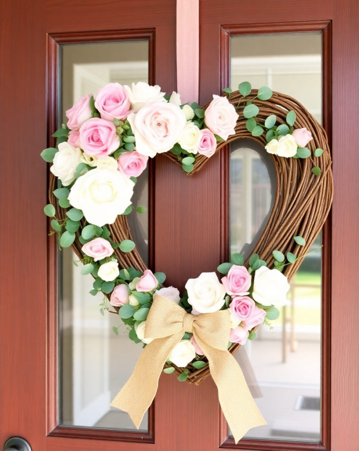 A charming heart-shaped wreath adorning a farmhouse door for Valentine's Day.