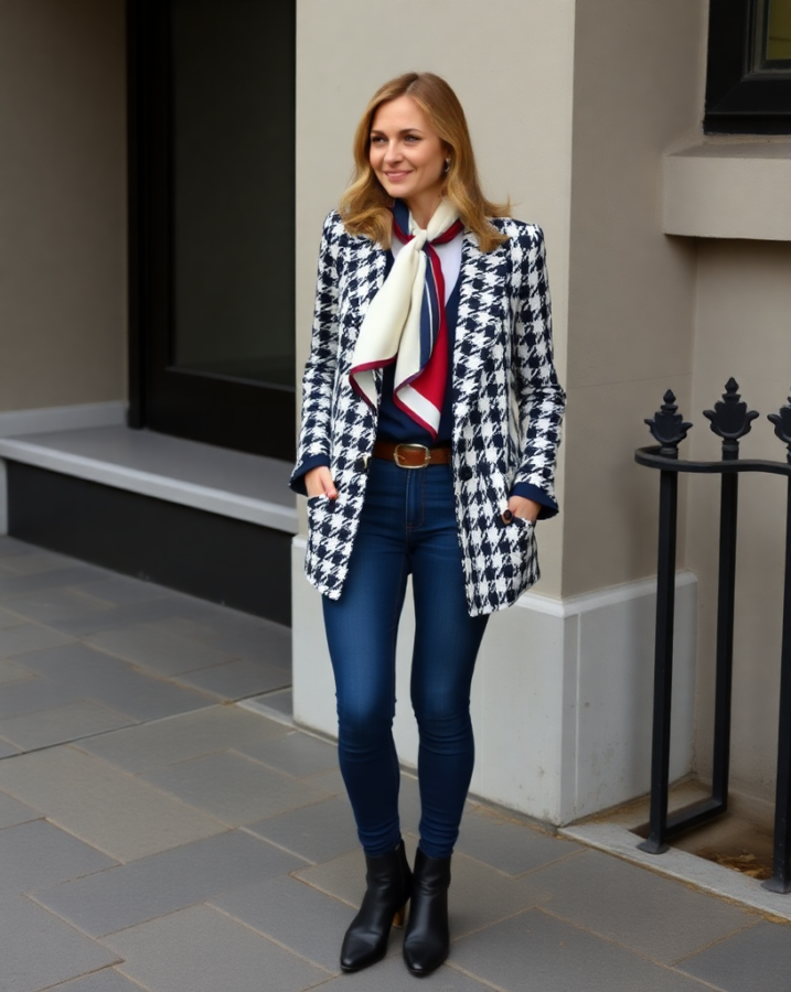 A lady dressed in a sophisticated Old Money outfit featuring a classic houndstooth blazer layered over a navy turtleneck and trousers, exuding understated elegance.