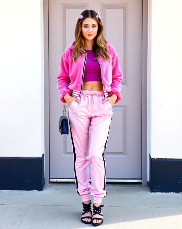 A lady dressed in a velour tracksuit, a signature Juicy Couture look, demonstrating the brand's enduring appeal and creating a comfortable yet stylish dress-to-impress outfit. #JuicyCouture #VelourTracksuit #DressToImpress #ComfortAndStyle #Y2KFashion