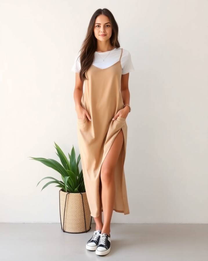  A woman looks cool and comfortable in a t-shirt layered under a slip dress, offering inspiration for a stylish and practical everyday look. #effortlessstyle #slipdressoutfit #tshirtdress #casualchic #everydaystyle