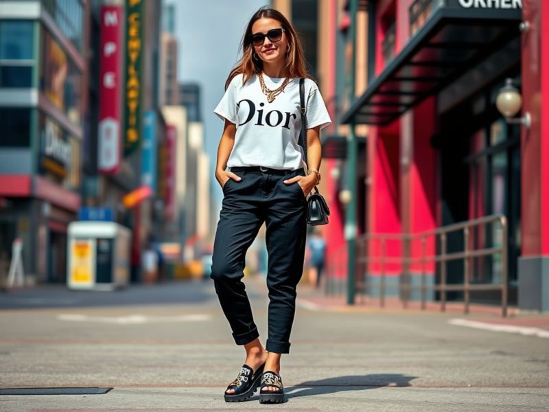 A lady dressed in logo-heavy attire, capturing the brand-conscious style of 90s fashion and offering inspiration for a bold and trendy dress-to-impress outfit. #1990sStyle #LogoFashion #DressToImpress #TrendyLook #RetroVibes