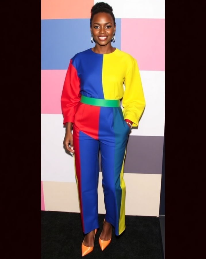 Lupita Nyong’o's color-block outfit: a vibrant lesson in dress-to-impress style. #LupitaNyongo #ColorPop #FashionStatement #DressToImpress