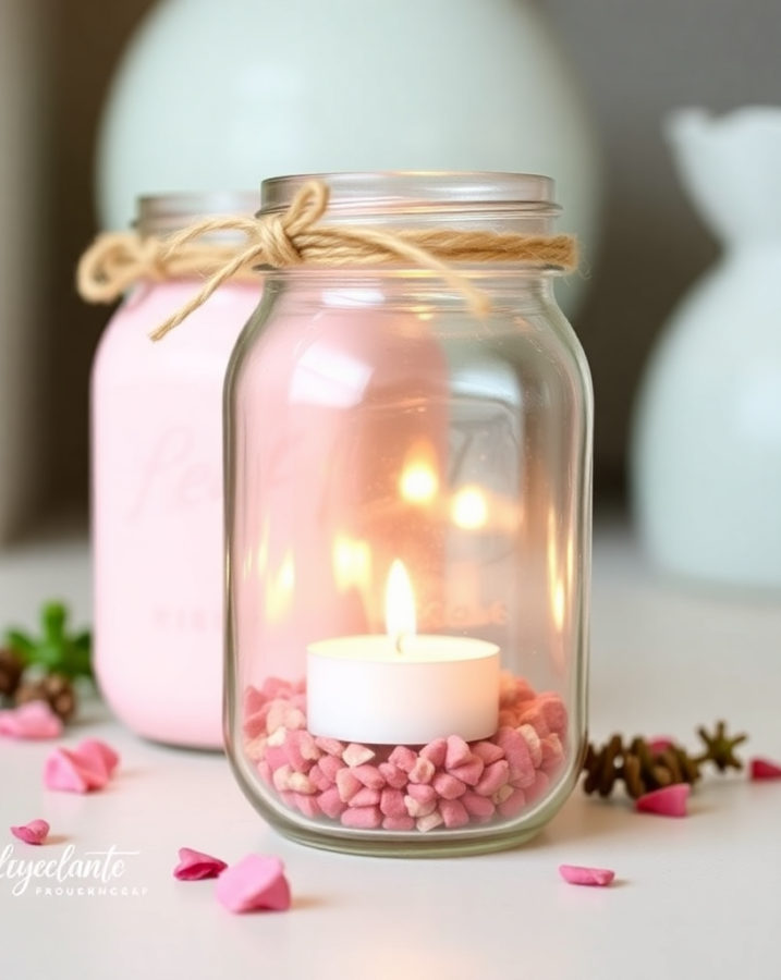 Mason jar candleholders filled with festive Valentine's Day decorations, adding a rustic charm to a farmhouse table.