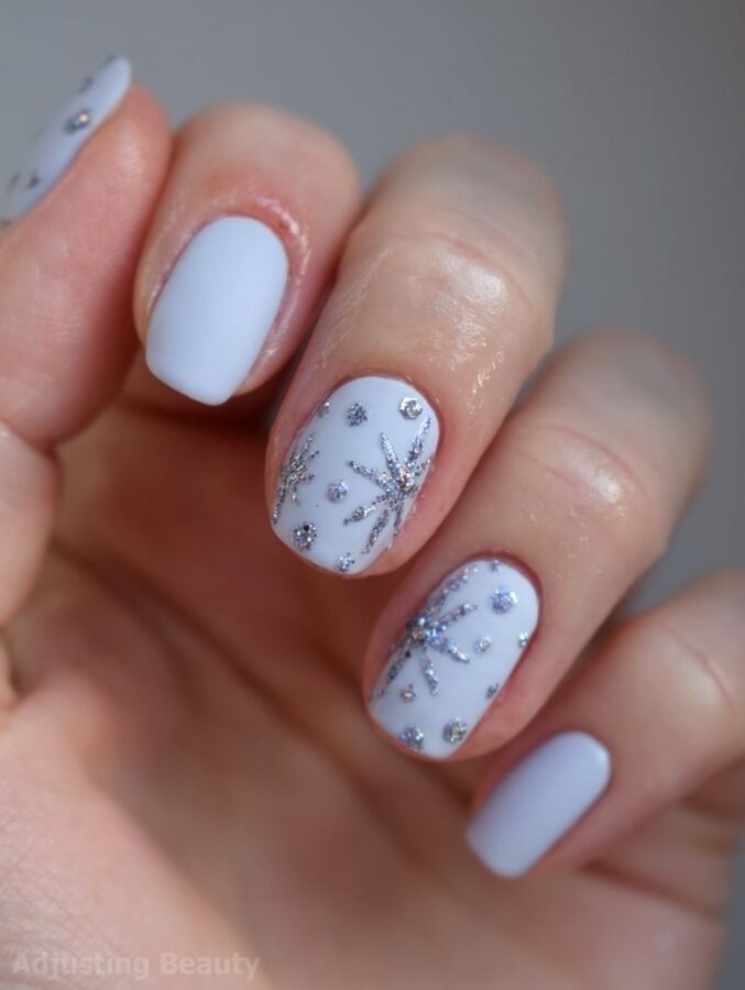 A close-up of elegant matte white nails, showcasing a chic and minimalist winter nail design.