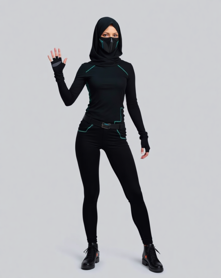 A lady dressed in a futuristic and agile nano-tech ninja outfit, blending traditional martial arts with cutting-edge technology, reminiscent of the Y2K era of technological advancements.