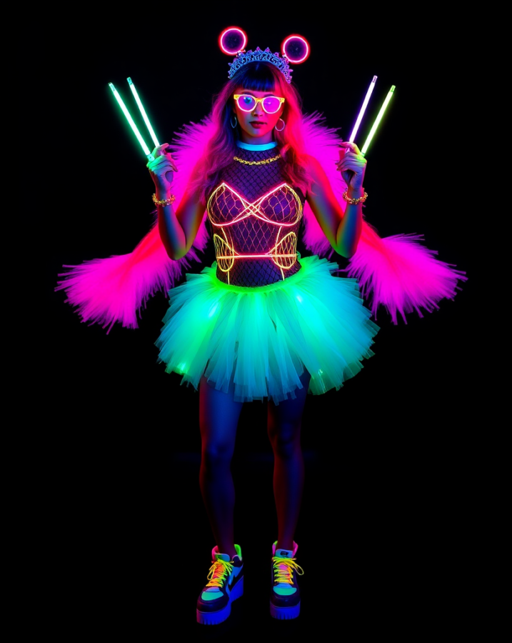 A lady dressed in a bold and colorful outfit that embodies the playful and energetic spirit of the Y2K rave culture.