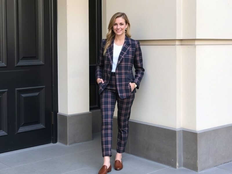 A lady dressed in a timeless Old Money outfit featuring a classic plaid blazer paired with perfectly tailored pants, exuding understated elegance.